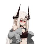  1girl absurdres arknights bangs bare_shoulders black_choker blush breasts choker cleavage commentary crop_top eyebrows_visible_through_hair grey_jacket hair_between_eyes highres horns huizhiyin jacket long_hair looking_at_viewer midriff mudrock_(arknights) nose_blush off_shoulder open_clothes open_jacket oripathy_lesion_(arknights) pointy_ears red_eyes silver_hair simple_background solo sports_bra stomach upper_body white_background 