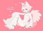  animal_ears commentary detached_sleeves from_side full_body gumvvvball hair_intakes knee_up layered_legwear looking_at_viewer loose_socks open_mouth original pink_background pink_hair pink_tail short_hair sitting socks turtleneck untranslatable_commentary white_eyes 