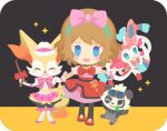  1girl alternate_costume animal_ears animal_feet animal_focus animal_nose black_background black_fur blonde_hair blue_eyes blue_fur blue_sclera body_fur bow braixen chibi chibi_only clothed_pokemon colored_sclera commentary_request digitigrade fox_girl fox_tail furry furry_female hair_bow holding holding_stick leaf_in_mouth multicolored_fur neck_fur pancham panda panda_ears pink_bow pink_fur pokemon pokemon_(anime) pokemon_(creature) pokemon_focus pokemon_team pokemon_the_series:_xy rizu_(rizunm) serena_(pokemon) snout stick sylveon tail two-tone_fur white_fur yellow_fur 