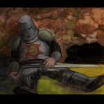  1boy black_boots black_pants boots commentary dark_souls_(series) dark_souls_i english_commentary grass helm helmet highres knight letterboxed long_sleeves male_focus musteilss outdoors pants pillarboxed sitting solaire_of_astora solo sun_print sword tabard weapon 
