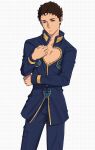  1boy blue_jacket blue_pants brown_eyes brown_hair english_commentary giorno_giovanna gundam gundam:_hathaway's_flash hathaway_noa highres jacket jojo_no_kimyou_na_bouken ladybug_ornament long_sleeves looking_at_viewer male_focus marulka ono_kenshou pants pectoral_cleavage pectorals short_hair solo vento_aureo voice_actor_connection 