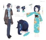  1boy 1girl alternate_costume amethio_(pokemon) aqua_kimono barefoot black_hair black_sash black_shoes blue_eyes blue_scarf brown_coat closed_mouth coat color_guide commentary_request floral_print grey_sweater hair_ornament hairclip highres japanese_clothes kimono kinoneko_(ekakenaisan) liko_(pokemon) multiple_views open_clothes open_coat outstretched_arm pants pokemon pokemon_(anime) pokemon_horizons print_kimono sash scarf shoes short_hair sidelocks smile sweater toes translation_request white_background 