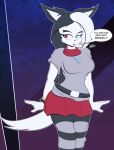  absurd_res anthro bottomwear breasts canid canine clothed clothing destiny_of_the_elements dialogue english_text female freakyed fur heterochromia hi_res karryl_jian mammal open_mouth skirt solo text white_body white_fur 