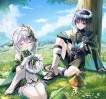  1boy 1girl 2others aqua_gem arama_(genshin_impact) aranara_(genshin_impact) bare_shoulders belt black_belt black_bow black_bridal_gauntlets black_hakama black_sandals black_shorts black_tank_top blue_cape blue_flower blue_sky blunt_ends blush bow bracelet braid bridal_gauntlets cape closed_eyes closed_mouth cloud cloudy_sky commentary_request covered_collarbone creature day detached_sleeves dress eyeshadow flower frills full_body gem genshin_impact gold_bracelet gold_ring gradient_hair grass green_cape green_hair green_sleeves hair_between_eyes hair_ornament hakama hakama_shorts hands_up head_wreath heart heart_hair_ornament highres holding holding_head_wreath japanese_clothes jewelry leaf leaf_hair_ornament leg_warmers looking_at_another makeup mandarin_collar mountain multicolored_hair multiple_others nahida_(genshin_impact) open_clothes open_mouth open_shirt outdoors pointy_ears pom_pom_(clothes) purple_eyes purple_hair red_eyeshadow rope sandals scaramouche_(genshin_impact) scenery seiza shirt short_hair short_sleeves shorts side_ponytail sidelocks single_braid sitting sky sleeveless sleeveless_dress smile tank_top tassel tree two-tone_hair vision_(genshin_impact) wanderer_(genshin_impact) white_dress white_flower white_hair white_leg_warmers white_shirt xxx_hi_0 yellow_flower 
