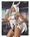  1girl animal_ears arms_up boku_no_hero_academia breasts bunny dark_skin gloves highres leotard long_hair looking_at_viewer md5_mismatch mirko muscle osmedraw red_eyes resolution_mismatch smile source_larger superhero tail white_hair white_leotard 