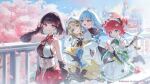  above-cleavage_cutout absurdres adjusting_hair ahoge amane_nagi animal_ears apron armpit_crease armpits bandaid bandaid_on_face bbony_0_0 belt black_gloves black_shirt black_shoes blonde_hair blue_car blue_eyes blue_gem blue_hair blue_skirt blunt_bangs breasts brown_hair building car character_request check_character cherry_blossoms chichi_(vtuber) choker clothing_cutout cloud cloudy_sky commentary_request copyright_notice detached_sleeves dress english_text food-themed_hair_ornament frilled_sleeves frills gem gloves grin hair_between_eyes hair_ornament highres hood hug hug_from_behind jacket japanese_clothes kaneko_panya korean_commentary kuon_rei_(vtuber) lace-trimmed_dress lace_trim layered_dress layered_skirt looking_at_viewer looking_down maid maid_apron maid_headdress medium_breasts midriff motor_vehicle official_art open_mouth paw_print pink_eyes pink_skirt planeta pumpkin_hair_ornament railing red_hair rooftop shirt shoes short_twintails skirt skull sky smile sneakers striped_clothes striped_dress twintails virtual_youtuber wa_maid white_jacket white_shirt wide_sleeves x_hair_ornament yellow_dress 