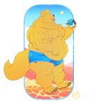  anthro bear belly belly_overhang beverage_can bird_dog blue_bottomwear blue_clothing blue_eyes blue_shorts bottomwear brown_bear bulge canid canine canis clothing domestic_dog fluffy fur golden_retriever grizzly_bear hi_res hunting_dog hybrid male mammal moobs obese obese_male overweight overweight_male pawprint_clothing retriever roy_granger samnson shorts solo sparkling_water sun thick_arms thick_calves thick_thighs tongue tongue_out ursine yellow_body yellow_fur 