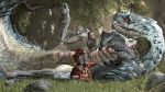  16:9 2020 3d_(artwork) 4k absurd_res ambiguous_gender armor belly belly_rub capcom claws digital_media_(artwork) eye_contact fanged_wyvern female feral forest group hi_res holding_leg human hunter ivorylagiacrus leg_grab looking_at_another male mammal monster_hunter open_mouth red_eyes scalie smile source_filmmaker tickling tickling_belly tobi-kadachi toe_claws tongue tree video_games widescreen 