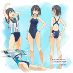  1girl adjusting_clothes adjusting_swimsuit barefoot black_hair blue_sailor_collar blue_swimsuit breasts brown_eyes commentary_request competition_swimsuit highres kantai_collection kusakabe_(kusakabeworks) looking_at_viewer multicolored multicolored_clothes multicolored_swimsuit multiple_views one-piece_swimsuit sailor_collar sailor_shirt sendai_(kantai_collection) shirt short_hair small_breasts standing swimsuit swimsuit_under_clothes translation_request two_side_up white_shirt 