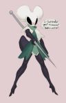  anthro arthropod blush clothing dialogue female green_clothing hi_res hollow_knight proxicute solo team_cherry tsundere video_games weapon 