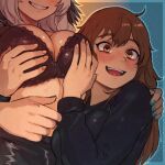  2girls :d aqua_nails aqua_wings arknights black_bra black_sweater black_wings blue_background blush bra breasts brown_eyes brown_hair caffichai character_request cleavage commentary commission eyes_out_of_frame fangs grabbing_another's_breast gradient_background grey_hair grin groping head_out_of_frame head_wings heart heart-shaped_pupils height_difference highres ho'olheyak_(arknights) hug large_breasts long_hair long_sleeves multiple_girls nail_polish no_shirt open_mouth outline smile stomach sweatdrop sweater symbol-shaped_pupils teeth underwear upper_body upper_teeth_only wings yellow_background yuri 