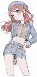  1girl absurdres beret blue_choker blue_eyes blue_hat blue_jacket blue_shorts boom_boom_pow_(idolmaster) breasts choker cleavage clothing_cutout cropped_jacket cropped_shirt earrings gakuen_idolmaster hanami_saki hat highres idolmaster jacket jewelry long_hair long_sleeves looking_at_viewer midriff official_alternate_costume shorts solo tsuchi_(sh_spica1) 