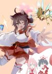  3girls :d ;d absurdres animal_ears beetle black_hair blue_archive blue_eyes breasts brown_hair bug card closed_eyes commentary_request detached_sleeves hair_between_eyes hair_bun halo highres holding holding_card kaede_(blue_archive) large_breasts long_hair long_sleeves looking_at_viewer mimori_(blue_archive) multiple_girls one_eye_closed open_mouth orange_background pink_hair red_halo saibashi_(develop_komono) simple_background single_side_bun smile squeans trading_card tsubaki_(blue_archive) white_sleeves yellow_eyes 