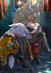  2girls :3 :d animal_ear_fluff animal_ears bare_shoulders black_pantyhose black_shoes blonde_hair braid braided_ponytail breasts brown_thighhighs china_dress chinese_clothes cleavage cleavage_cutout closed_eyes clothing_cutout coat commentary_request commission crossed_legs door double-parted_bangs dress ears_down ears_up exhausted fang foot_out_of_frame fox_ears fox_girl fox_tail green_dress grey_hair hair_flaps hair_ornament hair_over_one_eye head_rest high_ponytail highres holding holding_phone huge_breasts hugging_own_legs light_bulb long_hair long_sleeves multiple_girls off_shoulder open_mouth orange_coat original pantyhose phone ponytail red-framed_eyewear sakuma_gin_maru_sakuma seamed_legwear shoes sidelocks signature sitting sitting_on_stairs skeb_commission smile sneakers stairs suirin_(tukikagerou) swept_bangs tail thighhighs thighs very_long_hair wide_hips 