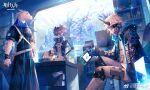  2boys 2girls arknights black_hat black_jacket blonde_hair blue_scarf bookshelf brown_hair chinese_commentary commentary_request copyright_logo copyright_name desk desk_lamp durin_(arknights) eye_mask furry furry_male handheld_game_console hat highres holding holding_handheld_game_console horns indoors jacket lamp lizardman logo long_hair long_sleeves mask multiple_boys multiple_girls noir_corne_(arknights) official_art rangers_(arknights) red_eyes scarf scorpion5050 short_hair single_horn sitting sleeping standing watermark weibo_watermark window yato_(arknights) 