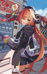  1girl 1other black_hat black_horns blue_sky blurry blurry_background breasts can cloud commentary_request curled_horns day dragon_girl dragon_horns drink drink_can fire from_behind gloves green_eyes hair_between_eyes hat highres holding holding_can holding_drink horns jinchan long_hair looking_at_viewer magus_(zenless_zone_zero) mechanical_horns mechanical_tail open_mouth orange_hair orange_pupils orphie_magnusson outdoors pointy_ears sky speech_bubble tail thighhighs twintails vending_machine yellow_gloves zenless_zone_zero 