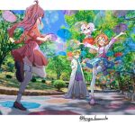  >_< 1boy 3girls :d absurdres ahoge akechi_anna aqua_umbrella artist_name blonde_hair blue_hoodie blue_skirt blue_sky blue_umbrella bow bush candy cloud coat collared_coat colored_shadow dress fence food full_body goggles goggles_on_head grass green_eyes green_umbrella highres holding holding_candy holding_food holding_lollipop hood hood_down hoodie jacket jett_(precure) kengo_kumaxile kobayashi_mikuru lab_coat lollipop long_hair long_sleeves meitantei_precure! multiple_girls one_eye_closed open_mouth orange_hair orange_shoes orange_umbrella overall_skirt overalls park pink_overskirt pink_shirt pink_shoes pink_umbrella pochi-tan precure purple_hair purple_shorts purple_umbrella red_dress red_jacket red_shoes red_umbrella shadow shirt shoes shorts single_horizontal_stripe skirt sky sleeves_pushed_up smile socks spiked_hair standing standing_on_one_leg thighhighs three-quarter_sleeves too_many_umbrellas tree umbrella umbrella_sky white_coat white_socks white_thighhighs wings wooden_fence 