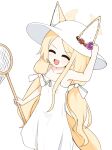  :d alternate_costume animal_ear_fluff animal_ears blonde_hair blue_archive bow butterfly_net closed_eyes collarbone commentary_request cowboy_shot criceto dress ears_through_headwear flat_chest flower fox_ears fox_girl fox_tail from_above furrowed_brow hair_bow hair_flower hair_ornament halo hand_net hand_on_own_hat hand_up hat hibiscus holding holding_butterfly_net purple_flower red_flower ribbon-trimmed_dress ribbon_trim rose seia_(blue_archive) smile spaghetti_strap sun_hat sundress tail twintails white_bow white_dress white_hat yellow_halo 