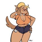  1:1 2020 anthro berryvapor big_breasts bottomwear breasts canid canine canis cleavage clothed clothing crop_top cutoffs daisy_dukes denim denim_clothing domestic_dog female gesture hand_on_hip hi_res hotpants lucille_(crayzee609) mammal midriff nipple_outline one_eye_closed portrait shirt shorts solo thick_thighs three-quarter_portrait topwear v_sign wink 