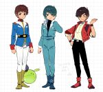  3boys amuro_ray black_eyes blue_boots blue_eyes blue_hair boots brown_hair commentary_request green_eyes grid_background gundam hand_on_own_cheek hand_on_own_face haro highres judau_ashta kamille_bidan mobile_suit_gundam moyori multiple_boys signature standing yellow_boots zeta_gundam zz_gundam 