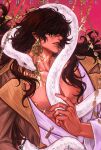  1boy absurdres black_hair covered_eyes dark-skinned_male dark_skin earrings hair_over_eyes highres jewelry long_hair male_focus neck_tattoo nipple_chain pectorals snake solo sultan's_game tattoo teeth the_sultan_(sultan's_game) white_snake yueh 