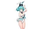  animal_ears aqua_eyes aqua_hair bow breasts bunny_ears bunnygirl cleavage hatsune_miku hyoin leotard tail third-party_edit vocaloid white wristwear 