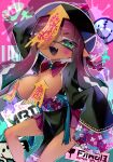  1girl areola_slip arm_behind_head bazumi black_dress black_hair blush blush_stickers breasts breasts_out brown_tongue china_dress chinese_clothes commentary_request dark-skinned_female dark_skin dress fang green_eyes green_hair hat highres inkling inkling_girl inkling_player_character jiangshi jiangshi_costume legs looking_at_viewer mandarin_collar multicolored_hair ofuda ofuda_on_head open_mouth pankou pelvic_curtain purple_hair qingdai_guanmao skin_fang sleeves_past_fingers sleeves_past_wrists solo splatoon_(series) thighs wide_sleeves 