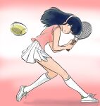  1girl ball black_hair commentary_request holding holding_racket holding_tennis_racket kneehighs long_hair looking_at_viewer maison_ikkoku otonashi_kyouko pink_shirt racket shirt shoelaces shoes simple_background skirt smile sneakers socks sportswear tennis tennis_ball tennis_racket tennis_uniform uesuto_(westriver) white_shoes white_skirt white_socks 