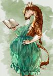  2026 ama_dench_art anthro antique belly big_belly big_breasts blush book braided_hair breasts brown_body brown_fur brown_hair clothing evening_gown female fingers fur giraffe giraffid gracey_halvenka green_clothing green_eyes hair hand_on_hip hi_res holding_book holding_object hooved_fingers hooves horn inner_ear_fluff looking_at_viewer mammal markings mayternity_2026 navel nightgown nightwear ossicone outie_navel pajamas pregnant pregnant_anthro pregnant_female rear_view retro side_boob side_view silhouette silhouetted_body simple_background smile smirk solo spots spotted_body spotted_fur spotted_markings spotted_tail standing starburst_(design) sunburst_(design) tail tail_markings tail_tuft tan_body tan_fur translucent translucent_clothing tuft vintage 