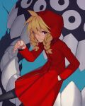  1girl ahoge black_pantyhose blonde_hair braid coat commentary_request extra_eyes gabu_(yomi_no_tsugai) highres hood hood_up hooded_coat hoodie long_hair long_sleeves looking_at_viewer open_mouth pantyhose purple_eyes red_coat red_hoodie rotix smile solo teeth twin_braids twintails yomi_no_tsugai 