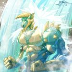 1:1 abs anthro biceps blue_body canid canine canis capcom chest_tuft claws eyes_closed fanged_wyvern fansila6 hi_res horn male mammal meditation monster_hunter muscular muscular_anthro muscular_male pecs solo tuft video_games waterfall wolf zinogre 