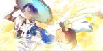  1boy anemo_symbol_(genshin_impact) aranara_(genshin_impact) arm_at_side armor artist_name bishounen black_bridal_gauntlets blue_cape blue_gem blue_hat blue_jingasa blue_kimono blue_sleeves blunt_ends bodysuit bridal_gauntlets cape covered_collarbone creature devileggooo feathers furisode gem genshin_impact gold hand_up hat highres japanese_armor japanese_clothes jingasa juban kimono kote kurokote layered_sleeves looking_at_creature male_focus open_clothes open_kimono parted_bangs pom_pom_(clothes) purple_eyes purple_hair purple_rope purple_sash rope sash scaramouche_(genshin_impact) short_sleeves shoulder_peek side_cape signature tilted_headwear turtleneck turtleneck_bodysuit upper_body wanderer_(genshin_impact) wheat_field white_kimono white_sleeves yellow_feathers 
