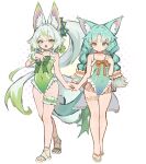  2girls animal_ear_fluff animal_ears chack520 chest_ribbon chinese_commentary choker commentary_request frilled_one-piece_swimsuit frilled_thigh_strap frills full_body green_eyes green_hair green_one-piece_swimsuit halftone halftone_background highres large_ears large_variant_set long_hair looking_at_viewer multiple_girls neck_ribbon negiwolf one-piece_swimsuit original ribbon sandals swimsuit tail thigh_strap thighs variant_set white_background 