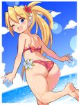  1girl bare_shoulders bikini blonde_hair blue_eyes blush breasts ciel_(mega_man) commentary_request cougar_(cougar1404) flower hair_flower hair_ornament headgear high_ponytail long_hair looking_at_viewer mega_man_(series) mega_man_zero_(series) ocean one_eye_closed polka_dot polka_dot_bikini ponytail red_bikini small_breasts smile solo swimsuit thighs water wet 