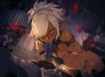  1girl 3boys :>= aiming black_thighhighs blonde_hair blush bottomless breasts brown_eyes character_request commentary copyright_request dark-skinned_female dark_elf dark_skin elf english_commentary erection fellatio gun hair_over_one_eye handgun handjob hetero highres holding holding_gun holding_weapon long_hair looking_at_viewer multiple_boys navel nipples optionaltypo oral penis pointy_ears ponytail rape solo_focus thighhighs weapon 