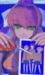  1girl blazer blue_background bow brown_hair brown_jacket closed_mouth collared_shirt cutting doki_doki_literature_club doki_doki_literature_club_school_uniform green_eyes hair_between_eyes hair_bow hair_intakes hair_ribbon highres holding holding_photo holding_scissors jacket kotai_name long_hair looking_at_viewer monika_(doki_doki_literature_club) natsuki_(doki_doki_literature_club) neck_ribbon orange_vest photo_(object) ponytail red_ribbon ribbon sayori_(doki_doki_literature_club) school_uniform scissors shirt sidelocks simple_background smile solo sparkle sweater_vest very_long_hair vest white_ribbon yuri_(doki_doki_literature_club) 