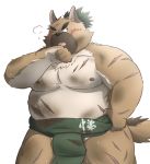  2020 anthro black_nose blush brown_body brown_fur canid canine canis domestic_dog fur hi_res hon55728 humanoid_hands kemono male mammal overweight overweight_anthro overweight_male scar solo sumo tokyo_afterschool_summoners video_games yasuyori 