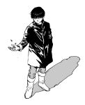  1boy abaraya akira_(manga) alternate_costume boots closed_mouth coat commentary_request from_above full_body greyscale hand_in_pocket highres kaneda_shoutarou_(akira) looking_to_the_side male_focus monochrome pill shadow simple_background solo standing white_background 