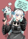  1girl ? ahoge black_bow black_bowtie black_dress black_headdress blue_eyes blush_stickers bow bowtie breasts cleavage collarbone commentary cowboy_shot detached_sleeves dress english_text facial_mark facing_viewer frills ghost green_hair green_nails gun hair_bow hand_up handgun highres holding holding_gun holding_weapon indie_virtual_youtuber looking_at_viewer looking_to_the_side lyriasshin mint_fantome mixed-language_commentary multicolored_hair pointy_ears red_background short_twintails sidelocks signature simple_background solo speech_bubble spoken_question_mark streaked_hair twintails virtual_youtuber weapon whisker_markings white_hair wisps_(mint_fantome) 