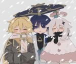  1girl 2boys =_= adapted_costume aether_(genshin_impact) black_bodysuit black_hair black_hat blonde_hair blue_cape blush_stickers bodysuit cape choppy_bangs cloak closed_eyes coat dated diamond_hair_ornament facing_viewer fur-trimmed_cloak fur_trim genshin_impact gloves gold grey_coat grey_gloves grey_sleeves hair_between_eyes halo hat japanese_clothes jingasa kimono long_sleeves mandarin_collar mechanical_halo medium_hair mittens multiple_boys open_clothes open_kimono open_mouth outdoors paimon_(genshin_impact) pink_halo purple_eyes purple_pupils scaramouche_(genshin_impact) scarf side_cape snow snowing tsurime umigasa wanderer_(genshin_impact) white_cloak white_hair white_kimono white_mittens white_scarf yellow_trim 