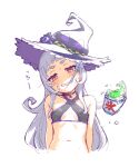  1girl blush breasts choker food grey_hair hat highres hololive hot long_hair murasaki_shion navel notraidersin1 orange_eyes shaved_ice simple_background sketch small_breasts solo sound_effects summer sweat upper_body white_background witch_hat 
