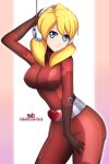  1girl absurdres alia_(mega_man) artist_name belt blonde_hair blue_eyes bodysuit breasts buckle catsuit clover_(totally_spies!) clover_(totally_spies!)_(cosplay) color_connection commentary cosplay english_commentary eye_color_connection hair_color_connection hand_on_own_crotch headphones headset heart heart-shaped_buckle highres medium_breasts mega_man_(series) red_bodysuit rob_(robarts) solo totally_spies! whoop_catsuit 