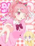  2girls :o ;o bang_dream! blonde_hair bow chibi chisato_14aych collared_shirt commentary_request fingerless_gloves flower gloves gyaru gyaru_v hair_bow hair_flower hair_ornament hairclip heart heart_hair_ornament highres jacket long_sleeves looking_at_viewer maruyama_aya multiple_girls one_eye_closed open_mouth pink_eyes pink_hair pink_jacket plaid_background ponytail purple_eyes red_bow shirasagi_chisato shirt short_sleeves upper_body v wavy_hair white_shirt x_hair_ornament 