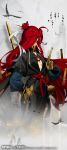  1girl absurdres arm_behind_back bamboo_slips bird black_dress breasts breasts_apart chinese_commentary chuyi_(xinyue_tongxing) cleavage_cutout clothing_cutout commentary_request copyright_name copyright_notice dress facing_away gloves gourd hair_bun highres holding holding_sword holding_weapon jian_(weapon) layered_sleeves logo long_hair long_sleeves medium_breasts mountain no_bra official_art official_wallpaper red_hair short_over_long_sleeves short_sleeves solo sword upper_body very_long_hair weapon white_background xinyue_tongxing yellow_gloves 