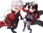  1boy 1girl absurdres archer_(fate) archer_(honkai:_star_rail)_(fate) black_necktie black_shirt blue_eyes bow brown_hair command_spell commentary crossed_arms crossover earrings fate/stay_night fate_(series) gem hair_bow highres honkai:_star_rail honkai_(series) jacket jewelry long_hair multiple_hair_bows necklace necktie official_alternate_costume one_eye_closed red_jacket rin's_pendant_(fate) shirt shokobr tohsaka_rin tohsaka_rin_(honkai:_star_rail) twintails unfinished white_background white_hair zelretch_sword 