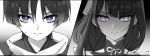  1boy 1girl blue_eyes blunt_bangs blunt_ends bright_pupils closed_mouth eyeliner genshin_impact greyscale highres janya_1128 janya_1129 japanese_clothes kariginu long_hair long_single_sidelock looking_at_viewer makeup monochrome mother_and_child mother_and_son parent_and_child raiden_shogun red_eyeliner scaramouche_(genshin_impact) scaramouche_(kabukimono)_(genshin_impact) shrug_(clothing) split_mouth spot_color straight-on sweatdrop swept_bangs tsurime white_pupils 