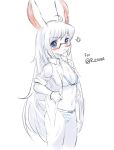  1girl anger_vein animal_ears blue_eyes blush bra bracelet breasts bunny_ears bunny_tail cleavage closed_mouth furry gift_art glasses highres jacket jewelry long_hair looking_at_viewer navel open_clothes open_jacket original panties rabbit_girl rabbit_girl_(ressue_(gomgom)) sketch small_breasts solo sookmo standing striped striped_panties tail underwear v-shaped_eyebrows white_fur white_hair white_jacket 