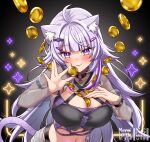  1girl ahoge alternate_hair_length_(longer) animal_ear_fluff animal_ears blush breasts cat_ears cat_girl cat_tail cleavage coin collarbone commentary_request crop_top gold_coin hair_ornament highres holding holding_coin hololive jacket large_breasts long_hair long_sleeves looking_at_viewer minnmibouya nekomata_okayu nekomata_okayu_(gyaru) official_alternate_costume official_alternate_hairstyle pantyhose parted_lips purple_eyes purple_hair purple_jacket purple_pantyhose short_shorts shorts solo tail torn_clothes torn_shorts two-sided_fabric two-sided_jacket very_long_hair virtual_youtuber white_shorts 