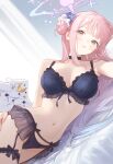  1girl ai-assisted black_bra black_choker black_panties blue_archive blue_flower bra breasts choker commentary flower frilled_thigh_strap garter_belt hair_bun hair_flower hair_ornament hair_scrunchie hair_spread_out halo highres lingerie long_hair lying mika_(blue_archive) navel on_side panties pink_hair pink_halo poki_(j0ch3fvj6nd) scrunchie single_side_bun solo stomach thigh_strap underwear underwear_only very_long_hair white_scrunchie yellow_eyes 
