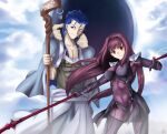  1boy 1girl akatsuki_(mp31097) armor blue_hair bodysuit breasts covered_navel cu_chulainn_(caster)_(fate) cu_chulainn_(fate) fate/grand_order fate_(series) gae_bolg_(fate) large_breasts long_hair one_eye_closed pauldrons polearm purple_bodysuit purple_hair red_eyes scathach_(fate) shoulder_armor spear staff weapon 